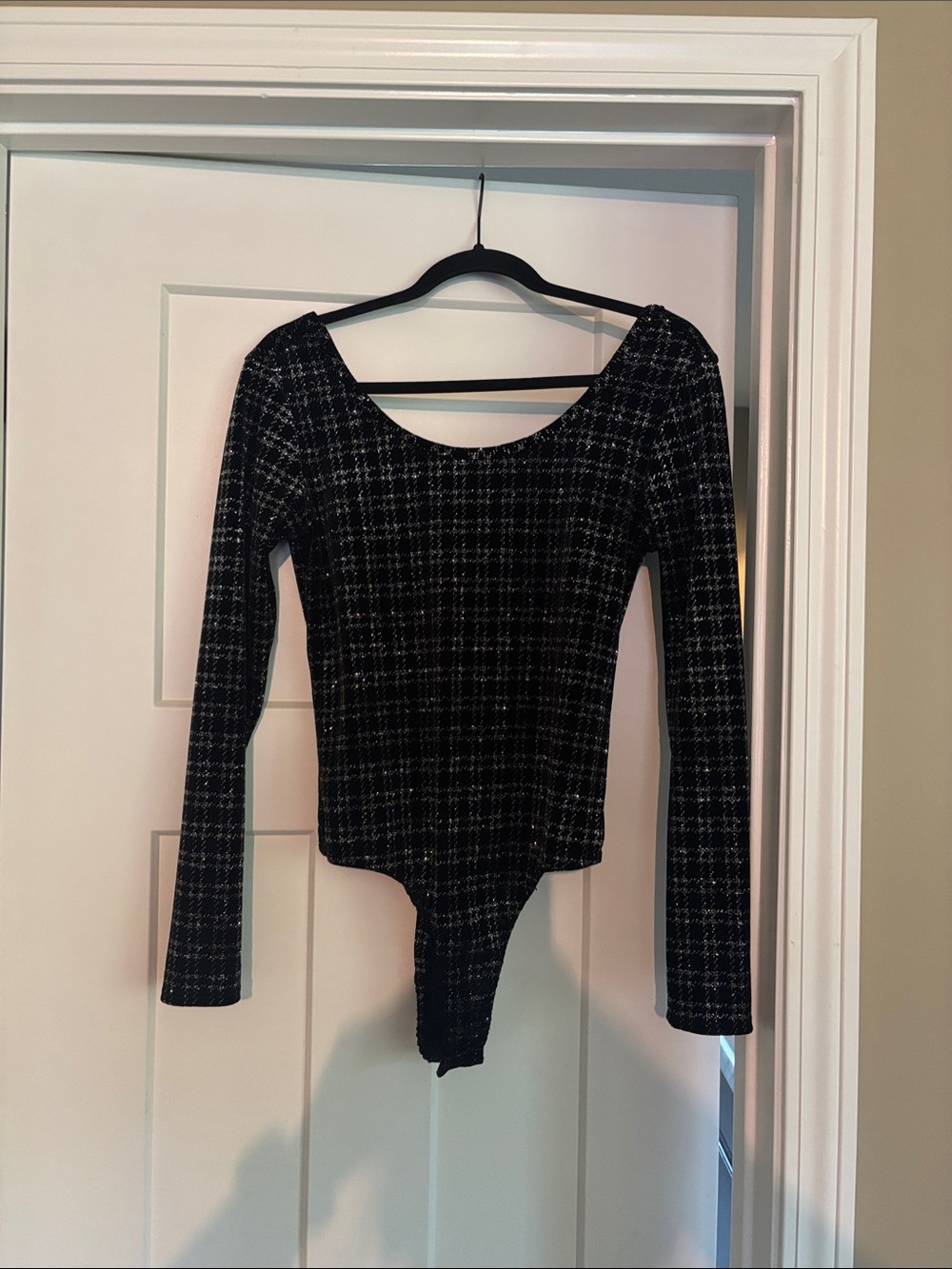 Glitter and Black Houndstooth Long-Sleeve Scoop-Neck Bodysuit